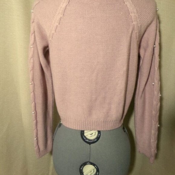 FRESHMAN Cable knit Pearl Beaded Sweater Top XS Pink crop Scoop neck Long Sleev - Picture 8 of 10
